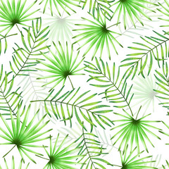 Fototapeta na wymiar Green Palm Leaves on White Background Watercolor Seamless Pattern