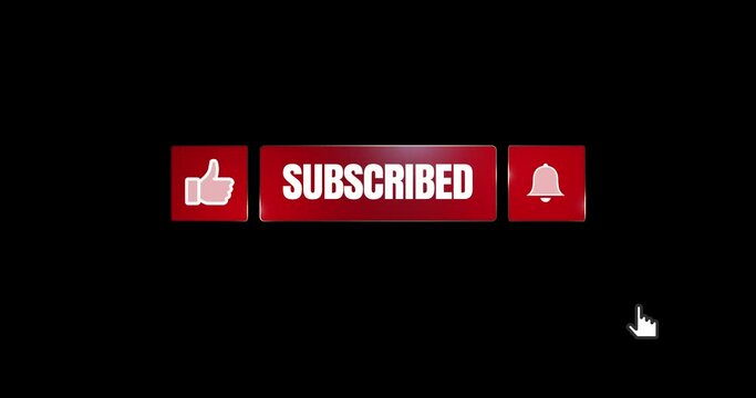 Mouse clicking like button, subscribe button and bell notification. Social media interface. 4K animation with alpha channel