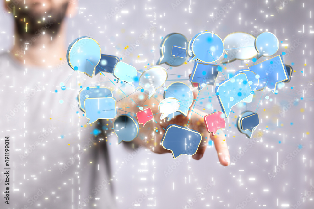 Poster touching 3d rendering flying email icon with his fin
