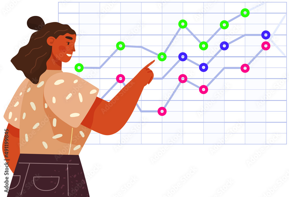 Aufkleber woman studies statistics on presentation. female character while working or studying with report. gi