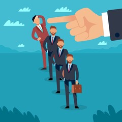 Exclusion from the team. Employee dismissal. Career end, unemployment or fired person, jobless and job reduction. Boss hand points finger at clerk vector cartoon flat isolated concept