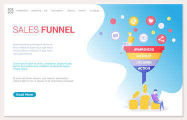 Sales funnel stages, potencial customers concept. People working with sales funnel management. Colleagues analyze online customer behavior. Team of marketers work with marketing data analysis