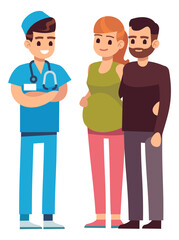 Pregnancy healthcare concept. Smiling doctor talking with couple