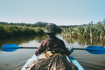 Active resting young girl paddling in a kayak slowly