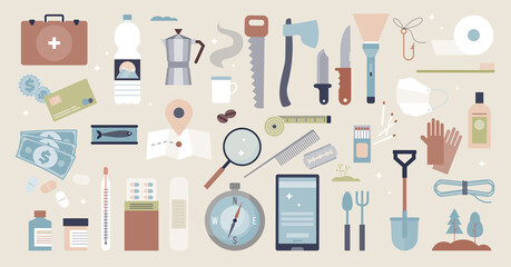 Emergency preparedness set with essential elements tiny person collection. Basic survival item list with evacuation situation necessaries vector illustration. Prepare for critical survival rescue.