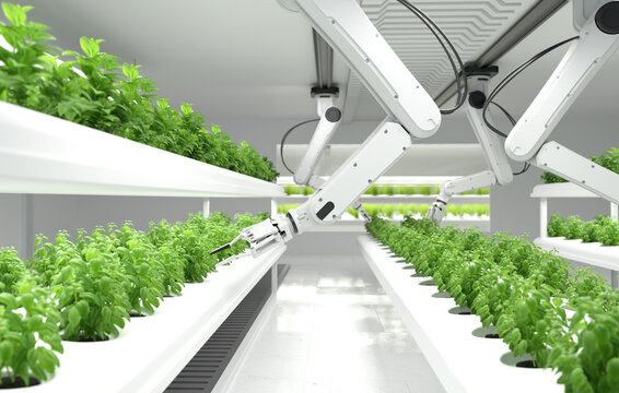Smart robotic farmers concept, robot farmers, Agriculture technology, Farm automation.