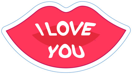 Emotional text I love you on female lips for app, banner, poster. Design element of romantic sticker pack. Lips in shape of kiss vector illustration. Kiss as symbol of romance with love inscription