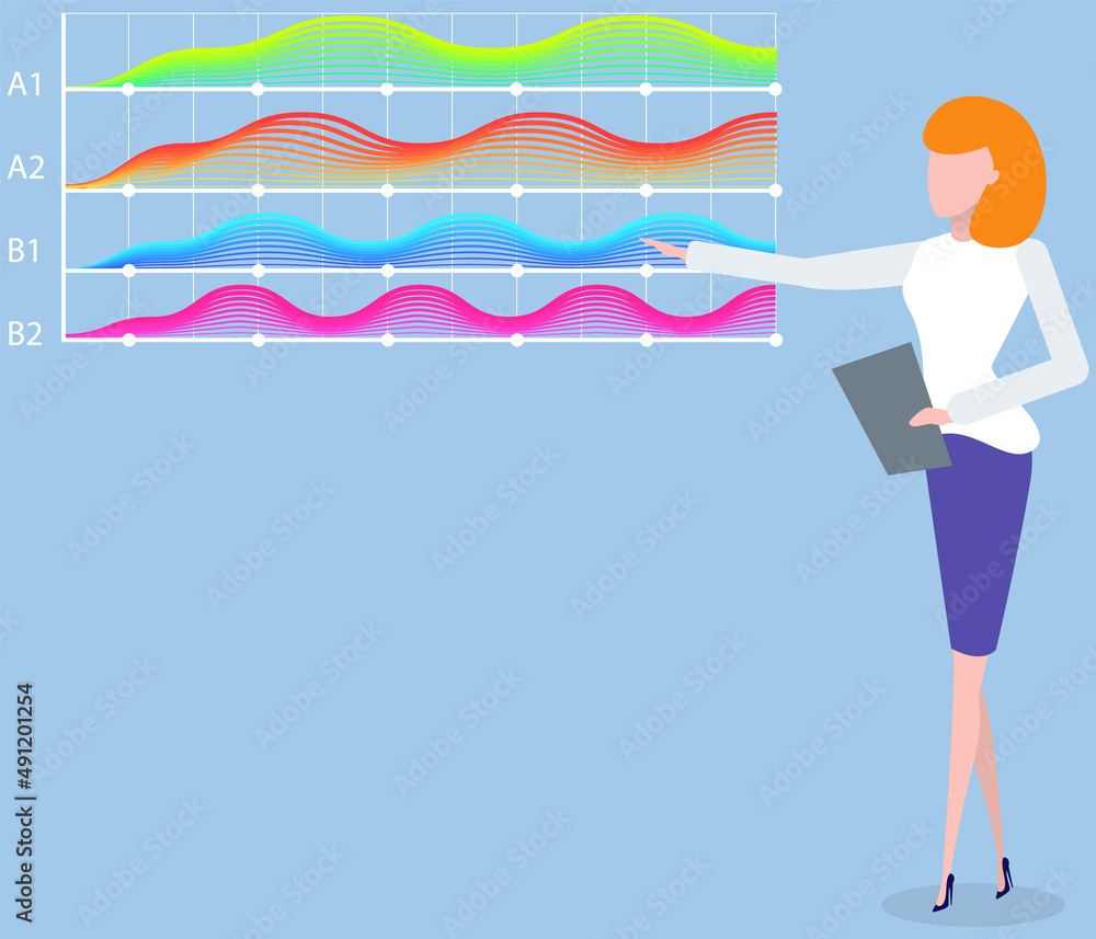 Aufkleber woman studies statistics on presentation. female character while working or studying with report. gi
