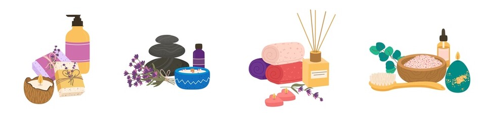 Spa salon aroma compositions. Massage and wellness studio accessories, relaxation and aromatherapy candles, hot stones and salt, lavender flowers and bath towels vector cartoon flat set