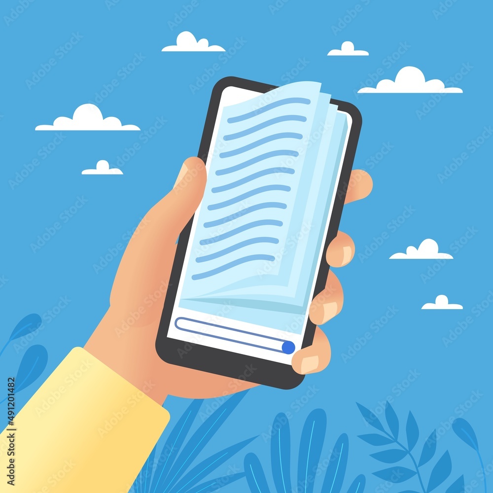 Poster text document in digital form. hand hold smartphone with information on screen, electronic message o