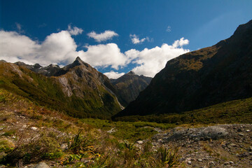 Rocky Bed of Roaring Burn and Mount Hart in the background, Milford Track New Zealand