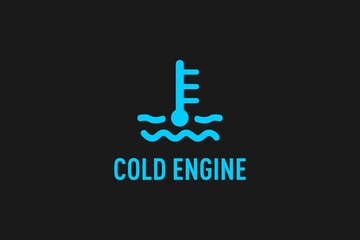 Blue cold engine icon and text on a black background