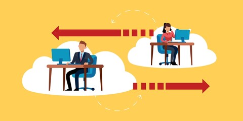 Working in the Internet cloud. Wireless network. Man and woman work on computers in office. Digital technologies and communication systems. information changes online. Vector concept