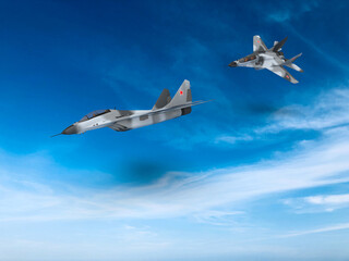 3d render 2 fighter jets blue sky fly