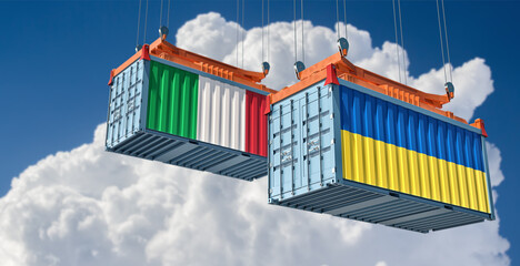 Cargo containers with Italy and Ukraine national flags. 3D Rendering 
