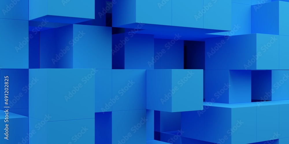 Poster blue random shifted abstract geometrical cube or boxes maze background