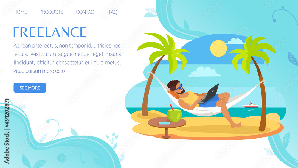 Poster website for freelance or remote works on computer from home office template. convenient schedule of 