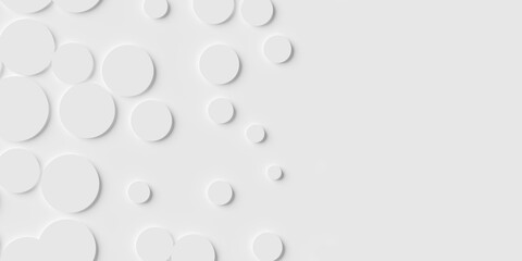 Fading out random moved scaled circle or cylinder shapes on white background wallpaper banner pattern with copy space