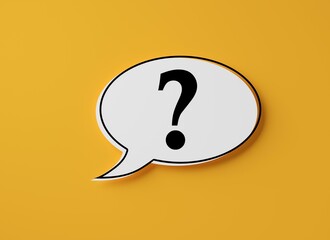 Round speech bubble with question mark symbol on yellow background, help , support or faq concept