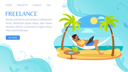 Website for freelance or remote works on computer from home office template. Convenient schedule of work during holiday or weekends. Man working remotely while lying on hammock at summer resort