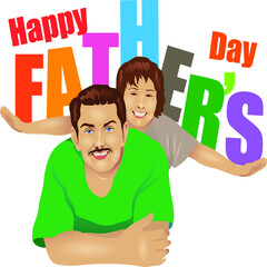 Son on his father shoulders. colorful text, Happy Father's Day celebration concept.
