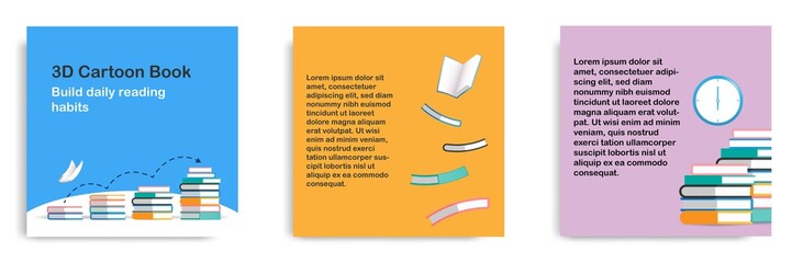 3D cartoon style. Social media informative education and study tips post banner template layout design. Reading book habit concept.