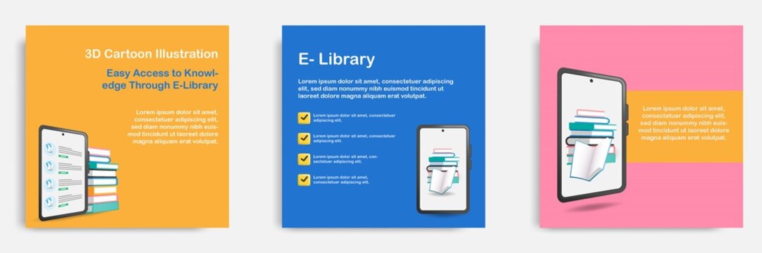 3D cartoon style. Social media informative education and study tips post banner template layout design. Mobile e library app concept