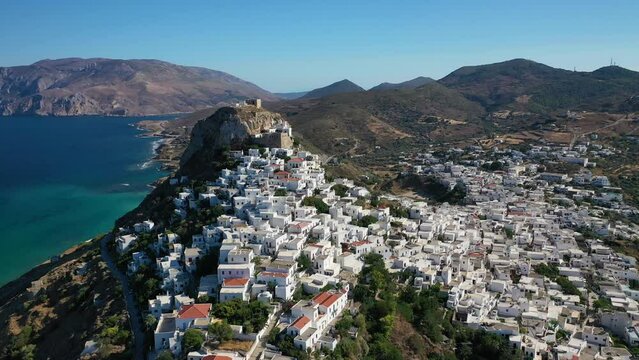 Aerial drone video of breathtaking and picturesque main village of Skyros island featuring uphill medieval castle with scenic views to Aegean sea, Sporades islands, Greece