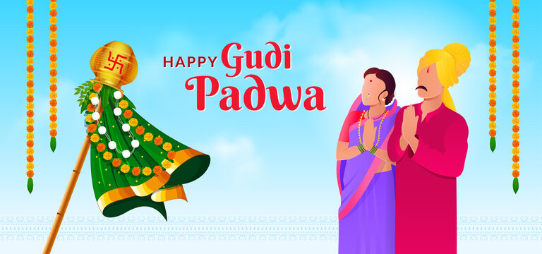 Marathi couple Celebrating Gudi Padwa for Indian New Year festival and Ugadi

