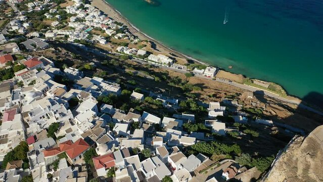 Aerial drone video of breathtaking and picturesque main village of Skyros island featuring uphill medieval castle with scenic views to Aegean sea, Sporades islands, Greece