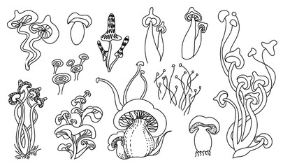 Set of freehand drawn line magic mushrooms. Vector illustration doodle style.