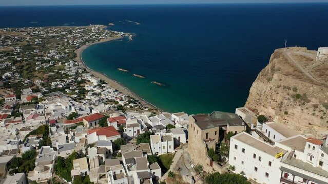 Aerial drone video of breathtaking and picturesque main village of Skyros island featuring uphill medieval castle with scenic views to Aegean sea, Sporades islands, Greece