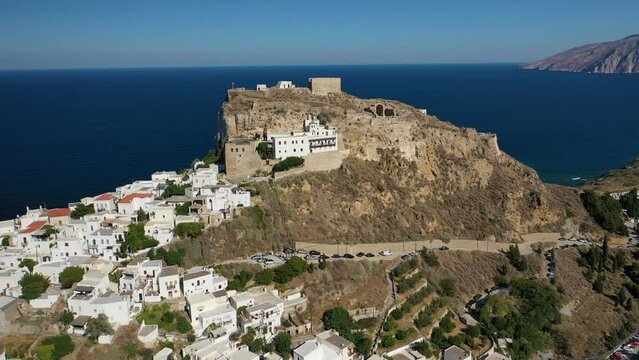 Aerial drone video of breathtaking and picturesque main village of Skyros island featuring uphill medieval castle with scenic views to Aegean sea, Sporades islands, Greece