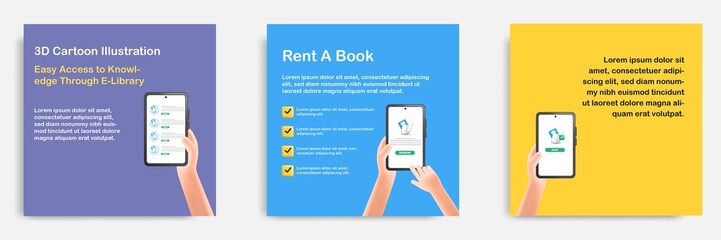 3D cartoon style. Social media informative education and study tips post banner template layout design. Mobile e library app concept - borrow rent book