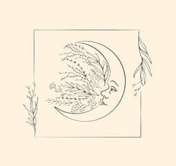 Vector moon with face and branch flowers for tattoo t-shirt print or wall art. Hand drawn wedding herb. Botanical rustic trendy greenery. Vector