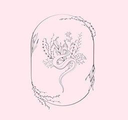Vector snake with branch and flowers for tattoo t-shirt print or wall art. Hand drawn wedding herb. Botanical rustic trendy greenery