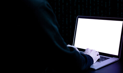 Hacker computer cyber security. Digital laptop in hacker man hand isolated on black banner....