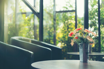 decoration of plant and flower in cafe garden or home outdoor, nature green plant decorate to feeling of cozy comfortable in summer and environmental concept