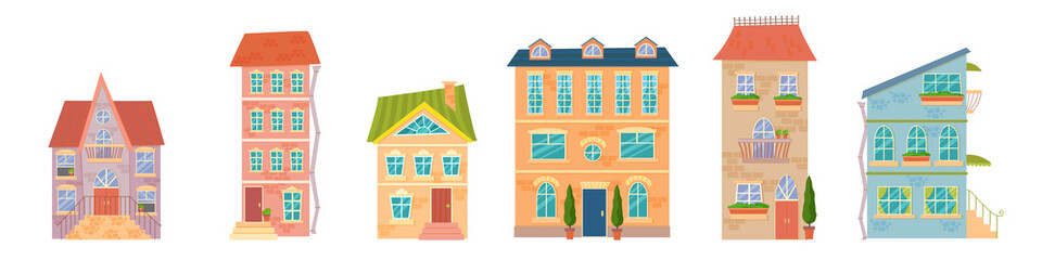 Obraz na płótnie Canvas Set of residential and city houses of different styles. Retro city architecture and modern buildings. Vector illustration of a house isolated on a white background.