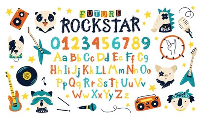 Rock grunge graffiti abs, numbers and cute animals rockers punks, musical instruments. Vector English Alphabet in cartoon hand-drawn brush style. Ideal for baby names, birthday cards, t-shirt prints.