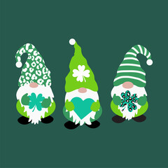 St Patricks day green fun leprechaun gnomes shamrock and leopard green hats. St patricks day Irish gnomes cartoon style