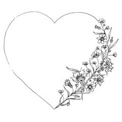 Hand drawn heart with wild flowers. Frame. Liner