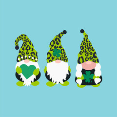 St Patricks day green leprechaun gnomes in leopard green hats. St patricks day Irish gnomes cartoon style