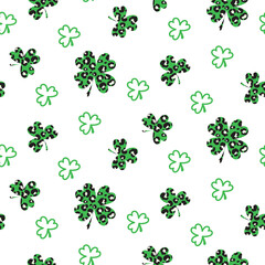 Shamrock leopard green leaf St. Patricks Day seamless pattern. Simple clover leaves on white background