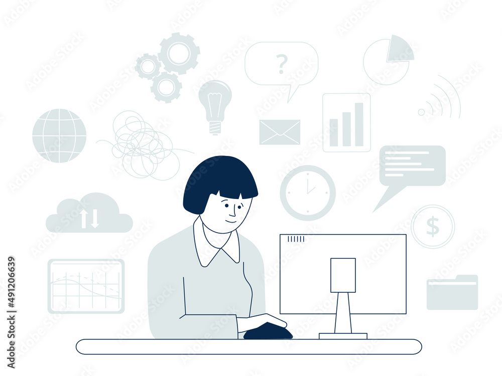 Poster job information flow. self management, tiny businessman and computer with different news. studying c