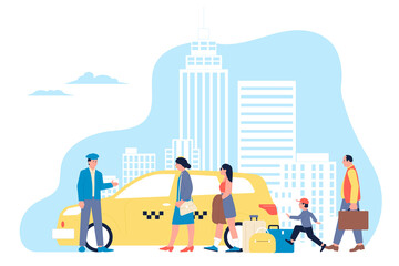 Taxi using. Family go to yellow car, city transportation service. Driver work, touristic characters with bags. Urban vehicle, mobile app recent vector concept