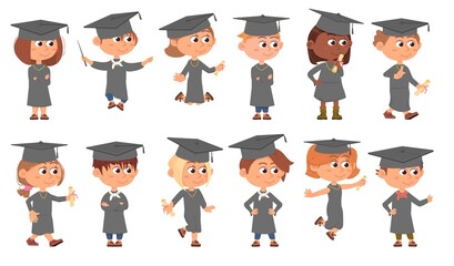 Graduate kids. Graduation cartoon boy and girl, isolated student with certificate. Education characters, success in study. Academic children decent vector set