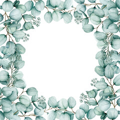 Watercolor eucalyptus Frame, Tropic Frame isolated on white background, Floral eucalyptus leaves and branches exotic Border, Copy Space Hand Painted Frame, For wedding, invitations, printing