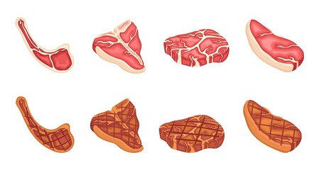 Fried meat. Bbq party icons, lamb, pork or cow steak. Fresh raw meats slices, isolated cartoon food from animal. Cooking neat vector elements