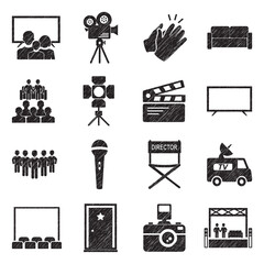 Television Show Icons. Black Scribble Design. Vector Illustration.